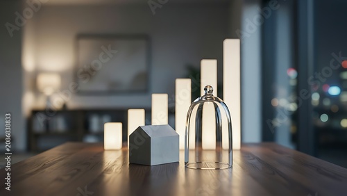 Small white house model under glass dome on wooden table with white cylindrical objects and blurred living room background  interior design concept