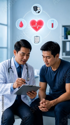 Male Doctor Explaining Heart Health Diagnostic Results to Patient in Medical Clinic with Digital Icons Overlay