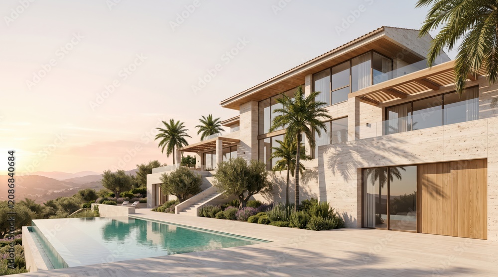 Fototapeta premium Modern hillside villa with infinity pool and palm trees at sunset