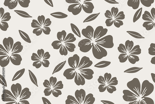 Seamless monochrome floral pattern featuring hand-drawn blossoms and simple leaves on a soft neutral background. Ideal for fabric, wallpaper, wrapping, and decor.
