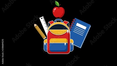 Back to school animation bag with stationery on black background
