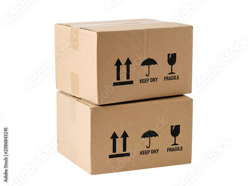 Stack Of Two Brown Cardboard Shipping Boxes With Handling Symbols On A Transparent Background