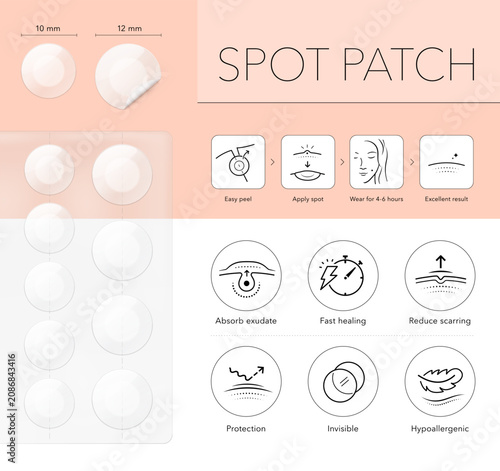 Spot patch mockup with icon set. 3D hight realistic vector illustration isolated on white background. Scalable and editable without lose quality. Ready layered template for your design. EPS10.