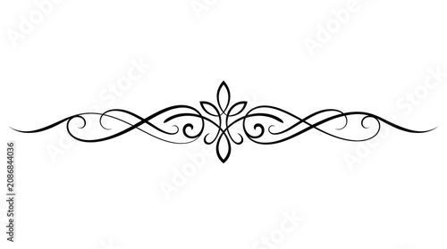 An elegant, black ornamental flourish with intricate swirls and a central floral motif on a white background. It serves as a decorative divider or accent.