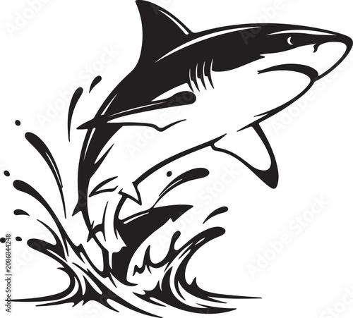 A black and white illustration of a shark jumping out of the water