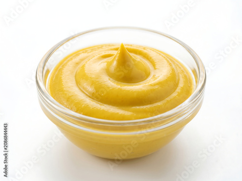 Yellow Mustard Sauce Swirl In A Glass Bowl Isolated On White Background