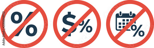 Obraz na plátne No Discount and Fixed Price Restriction Sign Icon Set with Prohibited Percent, D