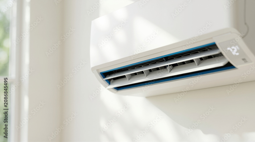 © Len_mik - Modern ductless mini split air conditioner mounted on a white wall. Wall unit AC with digital temperature display. Home climate control system © Len_mik - Modern ductless mini split air conditioner mounted on a white wall. Wall unit AC with digital temperature display. Home climate control system