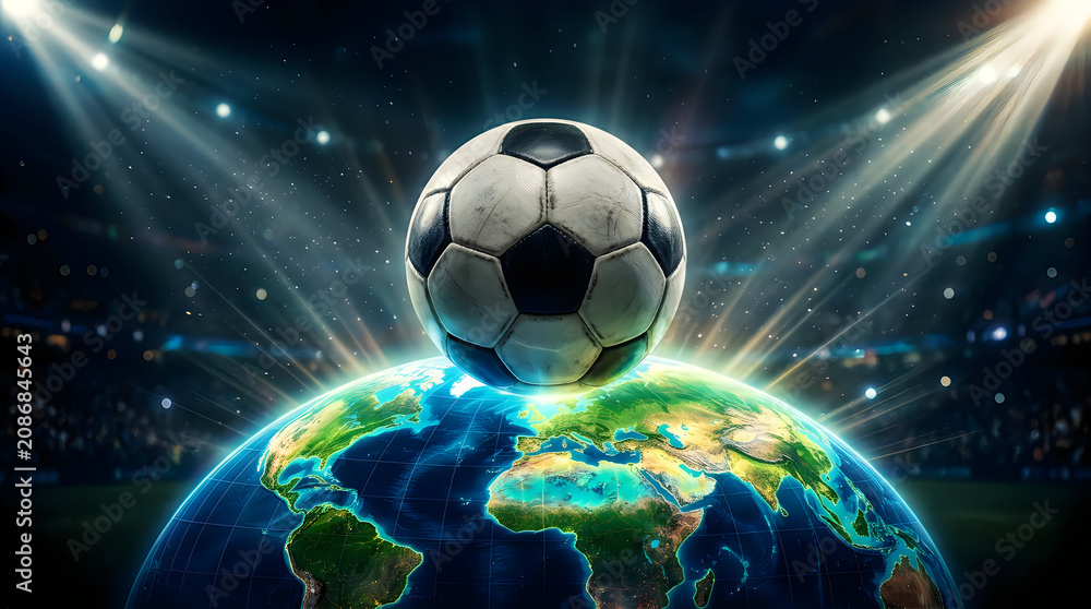 Fototapeta premium Soccer ball on top of Earth globe with stadium lights shining from above celebrating global sport.