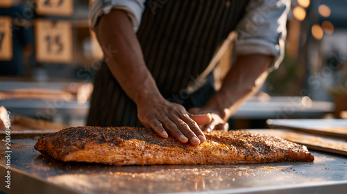Intense close up of a competitors trembling hands pressing a dry rub into a brisket slab at a regional competitive barbecue event, metal prep tables gleaming under harsh midday