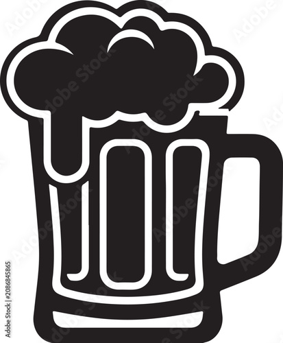 A black and white icon of a beer mug with foam on top