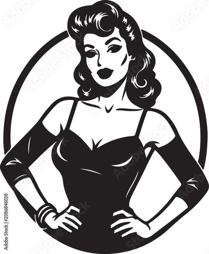 Black and white illustration of a woman in a circle