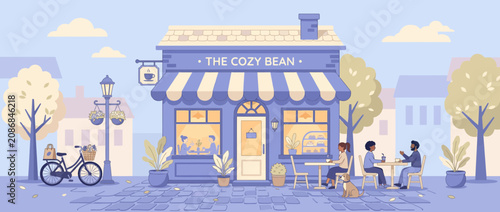 Charming pastel cafe exterior with outdoor seating