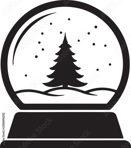 Black and white snow globe with a christmas tree inside
