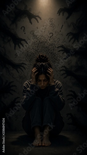 Woman Overwhelmed by Mental Anxiety and Intrusive Thoughts Conceptual Illustration of Psychological Stress