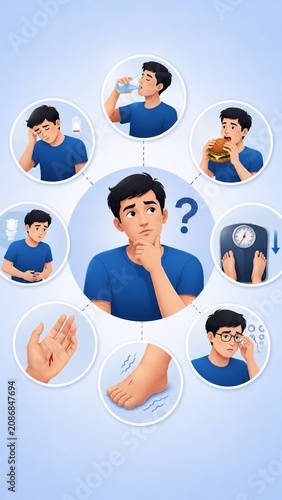 Comprehensive Illustration of Early Diabetes Symptoms and Health Warning Signs for Medical Education