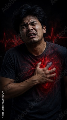 Heart Attack Concept: Man Clutching Chest with Glowing Red Heart and EKG Monitor Line