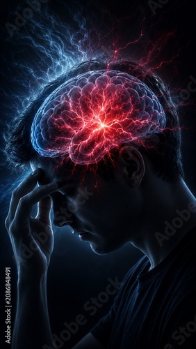 Conceptual Illustration of Migraine Headache Stress and Neural Brain Activity in a Male Silhouette Profile