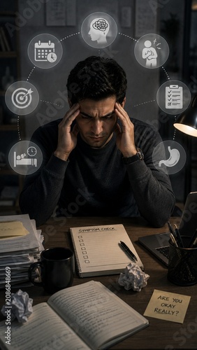 Stressed Professional with Mental Health Icons and Symptom Checklist Representing Burnout and Psychosomatic Distress