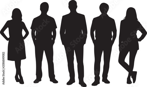 Professional silhouettes of diverse men and women standing together representing business team or social group