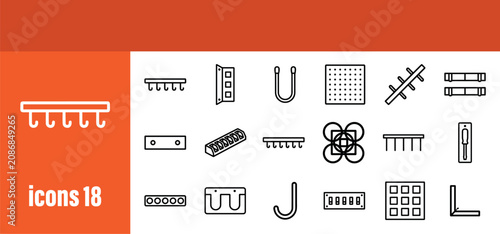 Storage hooks and organizational tools icons set. Wall mounts, hangers, and utility racks for home and garage. Editable stroke.