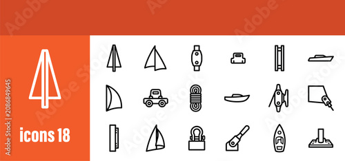 Photography Set of 18 icons depicting bags, sailing, and watercraft elements