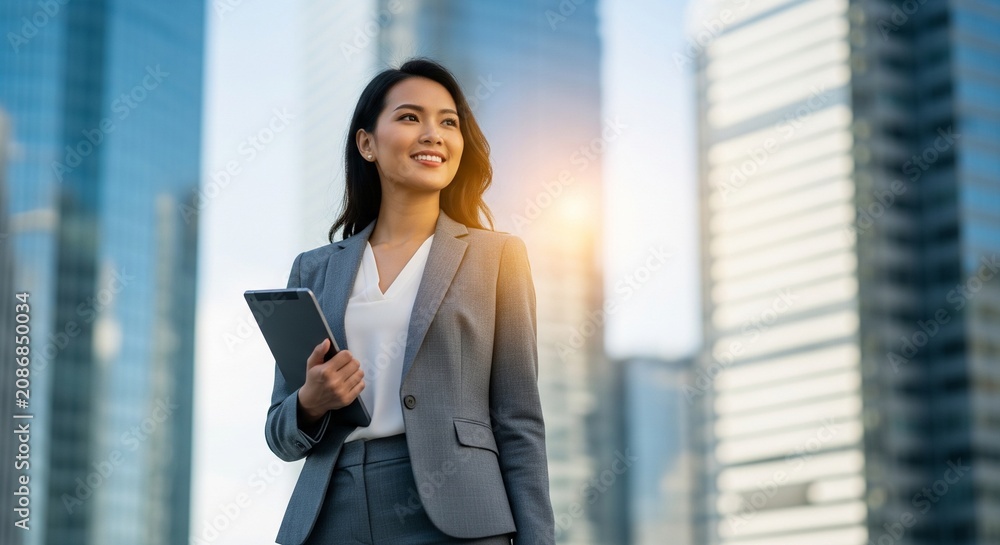 Fototapeta premium Professional Woman Holding Tablet in Urban Cityscape with Golden Hour Lighting
