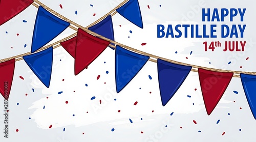 Colorful Bastille Day celebration banner with red, white, and blue triangular flags and confetti on white background