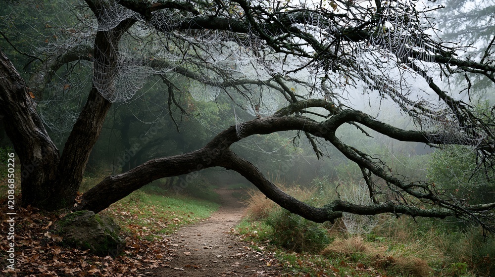 Fototapeta premium Tree Branches Draped with Dew and Spider Webs over Misty Woodland Path