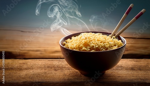 bowl of instant noodles with chopsticks isolated on wooden background