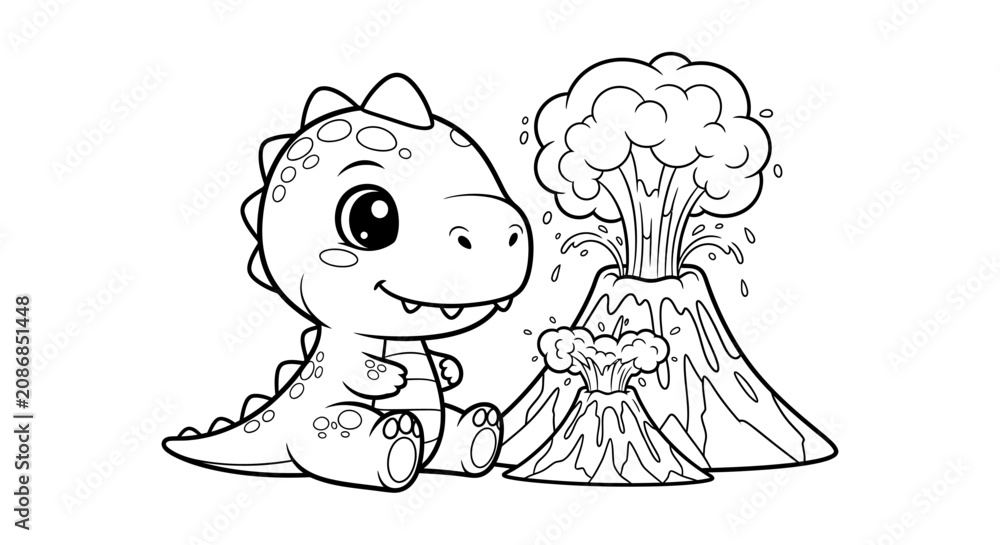 Fototapeta premium Cute cartoon baby dinosaur sitting next to two erupting volcanoes, a delightful prehistoric scene for kids' coloring books, educational activities, vector outline.