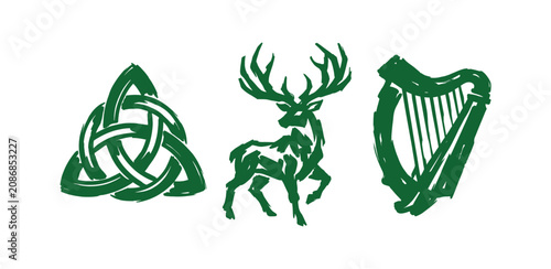 Foto Green Irish cultural symbols including Celtic knot deer and harp for Saint Patri
