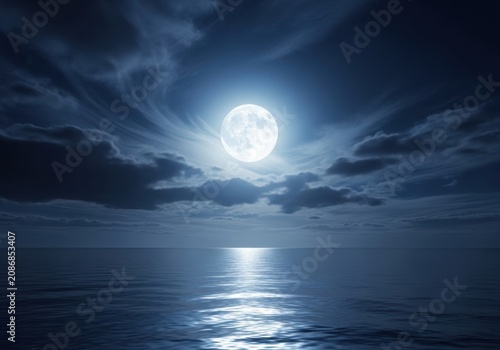 Full moon shining over the calm ocean surface at night with cloudy sky