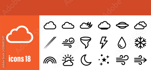 Slika na platnu Weather conditions and atmospheric phenomena vector line icons set, collection of outline symbols for forecast