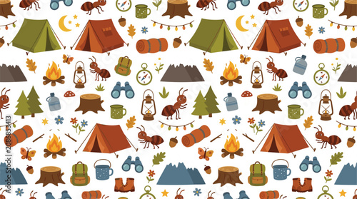 Cute cartoon ants camping in forest seamless pattern background with tents and bonfires vector