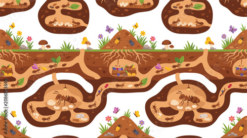 Schilderij op canvas Underground ant colony seamless pattern with anthill tunnels queen ant eggs and