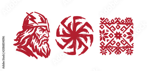 Quadro su tela Slavic folklore warrior and ethnic ornaments in red graphic style
