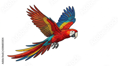 Konstfotografi Flying scarlet macaw parrot vector illustration isolated on white background