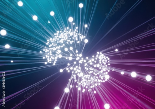 Abstract digital network connection with glowing fiber optic light strands