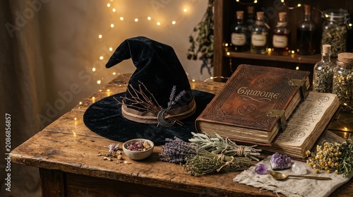 Witch hat and grimoire on wooden table with dried herbs and crystals for mystical halloween spell casting or ritual work.
