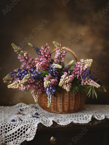 Still-life. A photo of a bouquet of lupins in a basket.