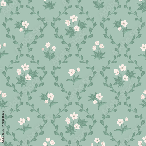 Preppy seamless pattern of white flowers. Floral trellis elegance damask print on sage green background. Vintage cottagecore design for fabric, home decor, gift wrap