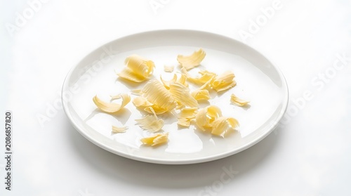 Lemon zest, shredded citrus peel on plate, white background, food ingredients
