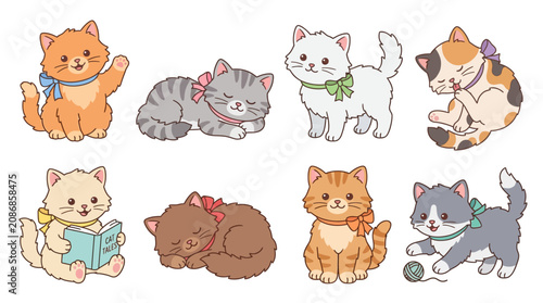 Set of eight adorable cartoon kittens in various playful and relaxing poses featuring soft pastel colors and cute bows for charming graphic design projects