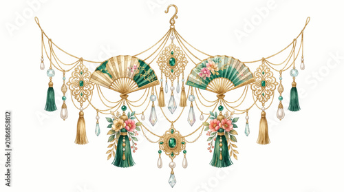 Isolated watercolor illustration of an elegant oriental hanging decoration featuring green and gold folding fans, emerald gemstones, floral accents, and tassels.
