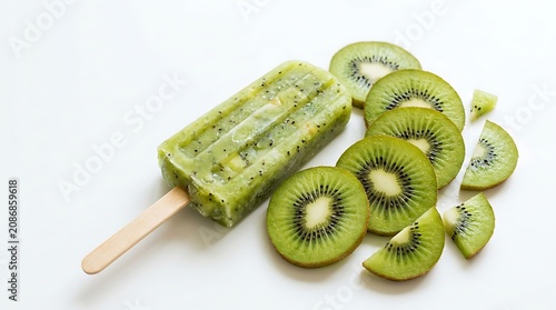 Green kiwi popsicle, sliced kiwis, summer dessert, healthy snack, fruit ice cream