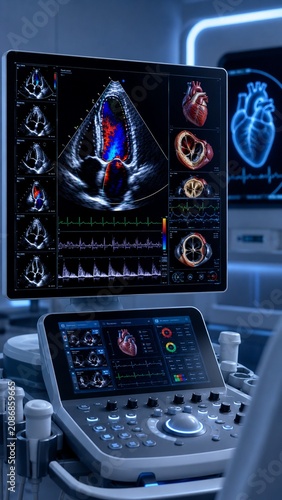 Advanced 4D Echocardiogram Machine Displaying Real-time Heart Diagnostic Data and Cardiac Ultrasound Imaging