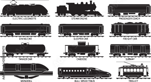 Fotografía A collection of twelve black silhouette representing various types of trains and