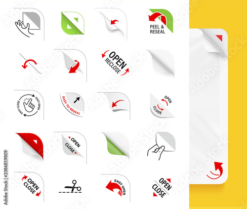 Opening or closed packaging arrows symbols icons set. Set for package, shows the place of opening. The outline vector icons are well scalable and editable for packaging label design. EPS10.