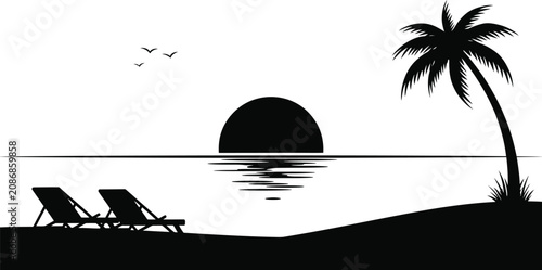 Canvastavla Black silhouette of a tropical beach scene with palm tree and lounge chairs at s